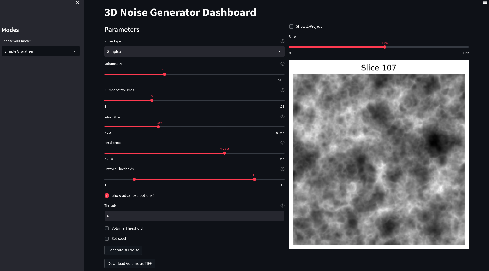 3D Noise Generator Dashboard